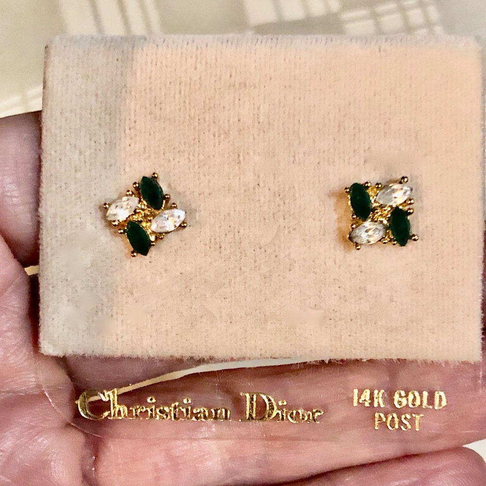 Christian Dior Emerald Green & Clear Chrystal Necklace & Pierced Earrings Set - Picture 2 of 8